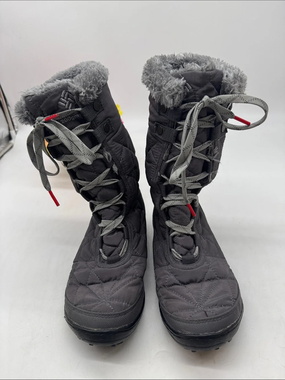 Columbia Gray Quilted Winter Lace-Up Boots with Faux Fur Trim Size 7